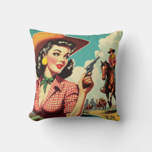 Vintage Pulp Cowgirl Illustration Cushion