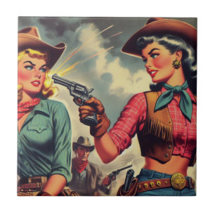 Vintage Pulp Cowgirls Illustration Tile