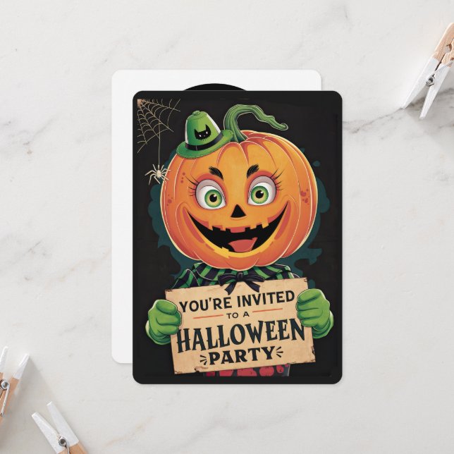 Vintage Pumkin Head Halloween Party Invitation (Front/Back In Situ)