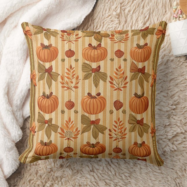 Vintage Pumpkin and Bow Autumn Pattern Cushion (Blanket)