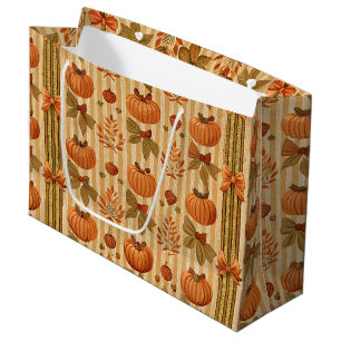 Vintage Pumpkin and Bow Autumn Pattern Large Gift Bag