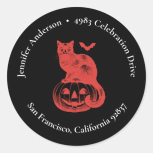 Vintage Pumpkin and Cat Halloween Return Address Classic Round Sticker
