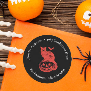 Vintage Pumpkin and Cat Halloween Return Address Classic Round Sticker