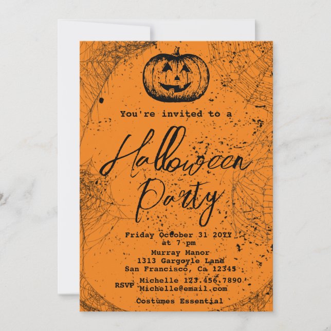 Vintage Pumpkin and spider web Halloween Party Invitation (Front)
