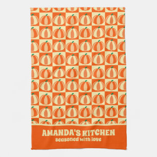 Vintage Pumpkin Orange Tartan Plaid Thanksgiving Tea Towel