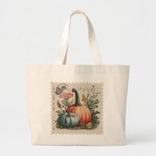 Vintage Pumpkin Postage Stamp Fall Harvest Large Tote Bag