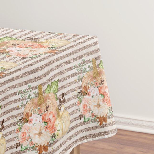 Vintage Pumpkin Rose Gold Glitter Stripe Pattern Tablecloth (In Situ)