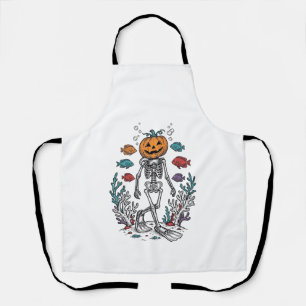 Vintage Pumpkin Skeleton Diver Halloween Fish Desi Apron