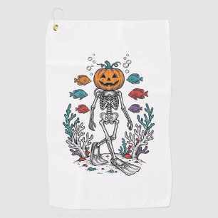 Vintage Pumpkin Skeleton Diver Halloween Fish Desi Golf Towel