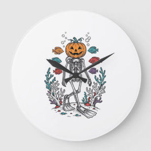 Vintage Pumpkin Skeleton Diver Halloween Fish Desi Large Clock