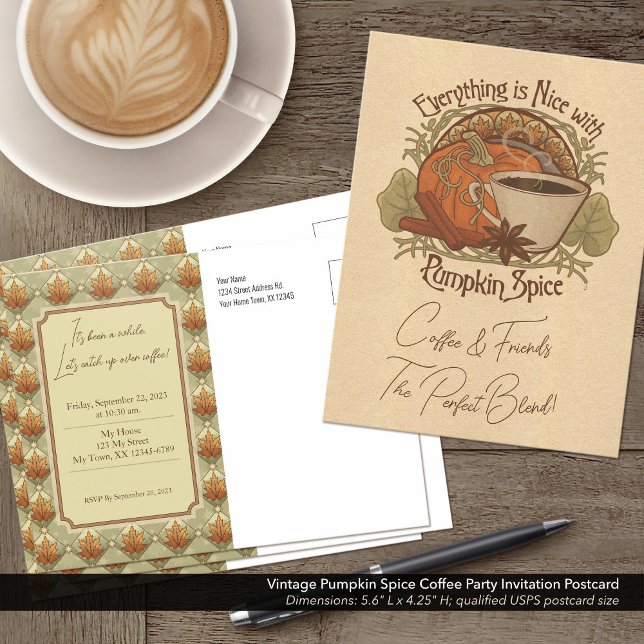 Vintage Pumpkin Spice Coffee Party Invitation Postcard (Vintage Pumpkin Spice Coffee Party Invitation Postcard)