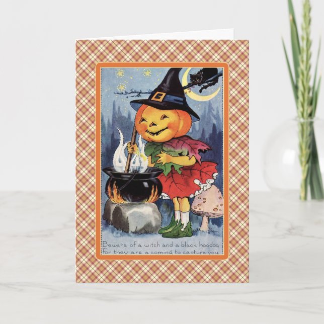 Vintage Pumpkin Witch Cauldron Halloween Card (Front)
