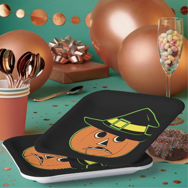 Vintage Pumpkin Witch Paper Plates (Multi)