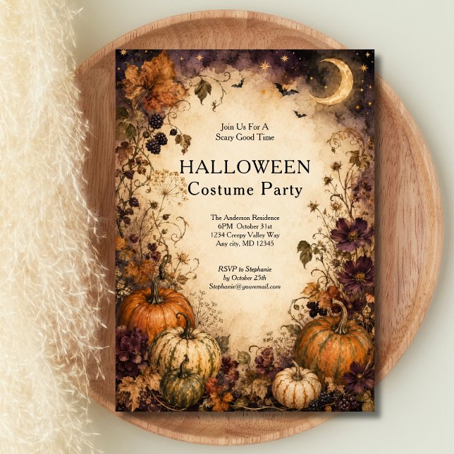 Vintage Pumpkins Moon Halloween Party Invitation (Pumpkin Celestial Crescent Moon Halloween Costume Party Invitation)
