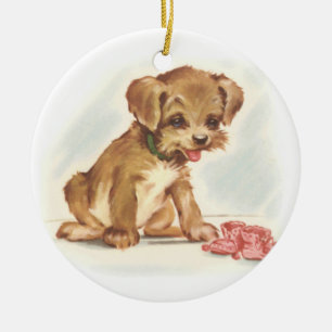 Vintage Puppy admires new baby shoes Ceramic Tree Decoration