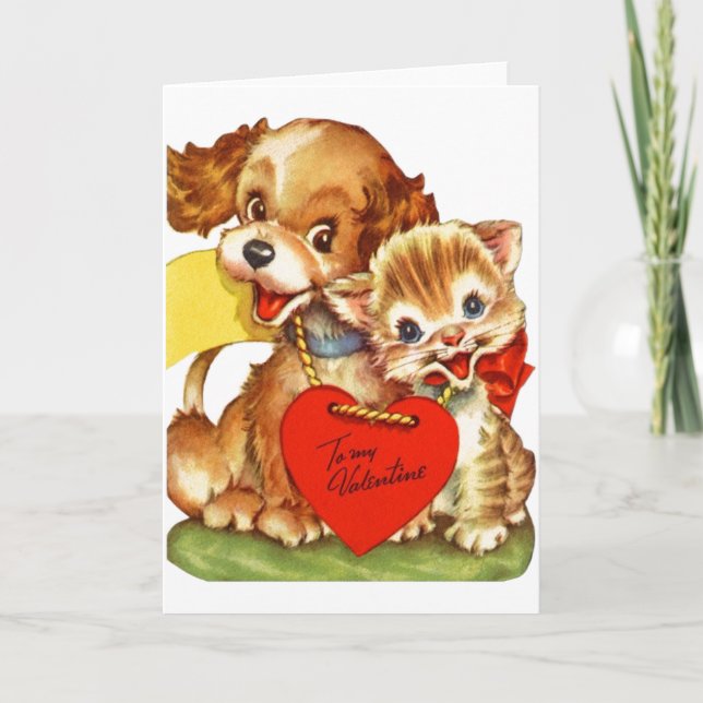 Vintage Puppy and Kitten Valentine's Day Card (Front)