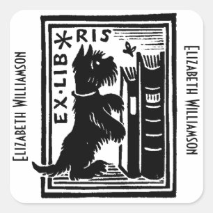 Vintage Puppy Dog Ex Libris Bookplate Monogram Square Sticker