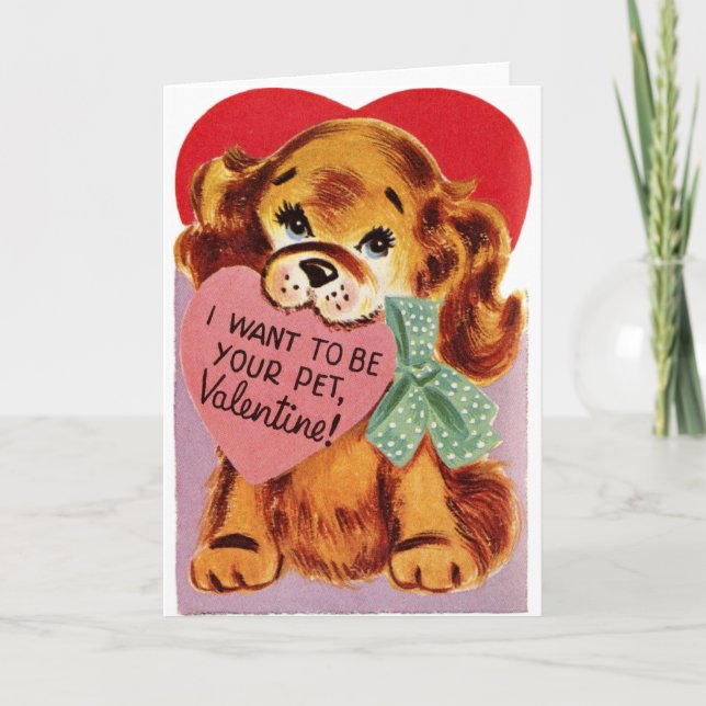 Vintage Puppy Holds Heart Valentine Holiday Card (Front)