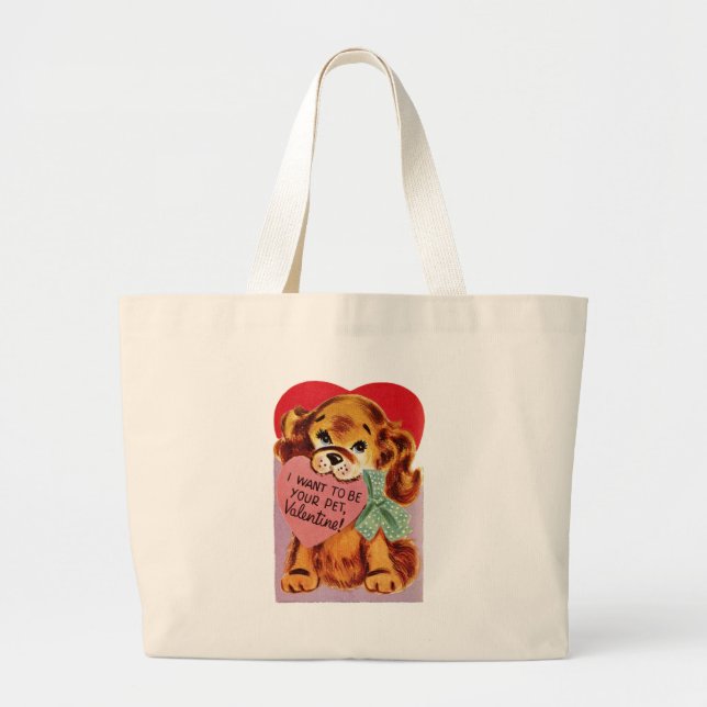 Vintage Puppy Holds Heart Valentine Large Tote Bag (Front)