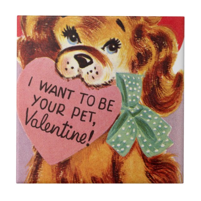 Vintage Puppy Holds Heart Valentine Tile (Front)