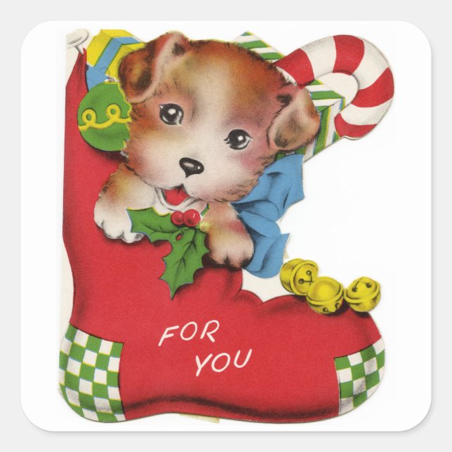 Vintage Puppy In Stocking Square Sticker (Front)