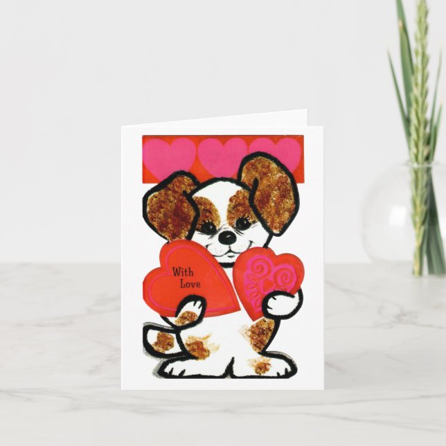 Vintage Puppy with Hearts Valentine Card (Front)
