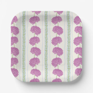 Vintage Purple and Green Flower Stripes Paper Plate