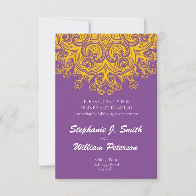 Vintage Purple and Yellow Wedding Reception Card (Front)