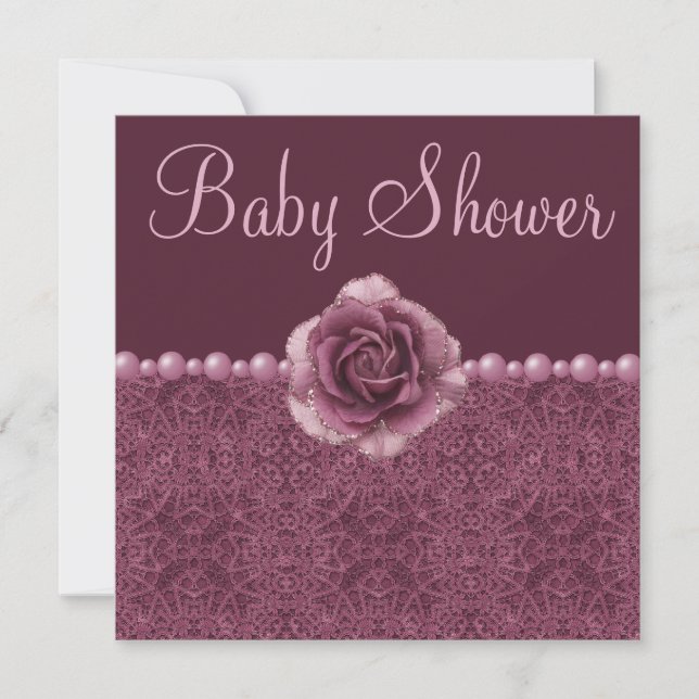 Vintage Purple Baby Shower Roses, Pearls & Lace Invitation (Front)