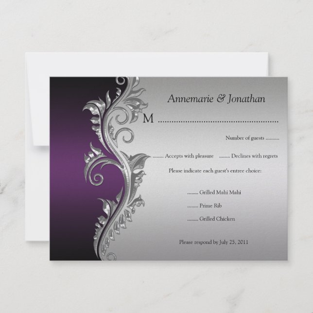 Vintage Purple Black and Silver Floral RSVP (Front)