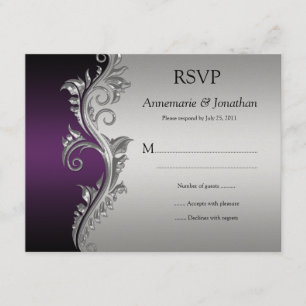 Vintage Purple Black and Silver Ornate Swirls RSVP Card