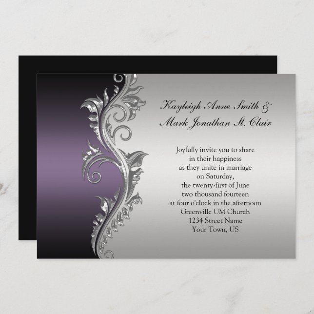 Vintage Purple Black and Silver Wedding Invitation (Front/Back)