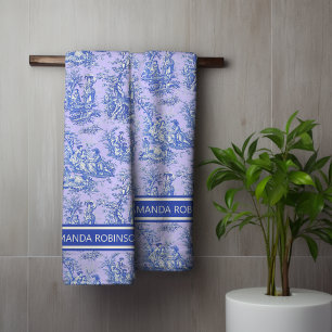 Vintage Purple Blue French Toile de Jouy Pattern Bath Towel Set