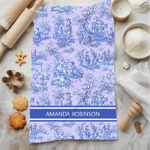 Vintage purple blue toile de jouy printed tea towel
