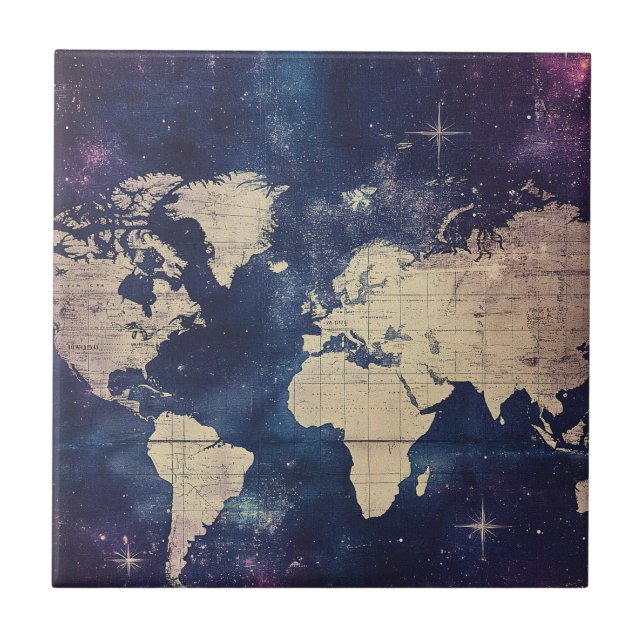 Vintage Purple Celestial World Map (7) Tile (Front)