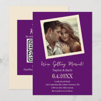 Vintage Purple & Cream Retro Photo Wedding Invitation