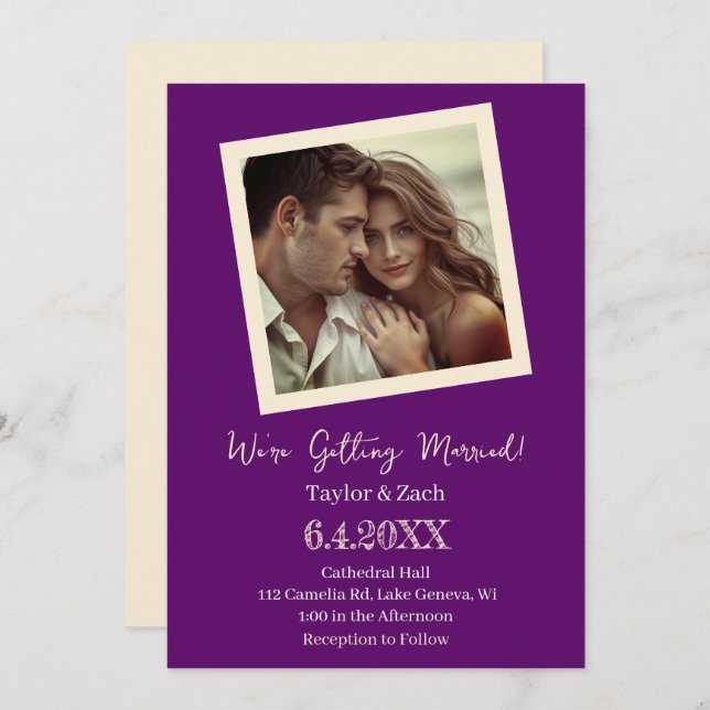 Vintage Purple & Cream Retro Photo Wedding Invitation (Front/Back)