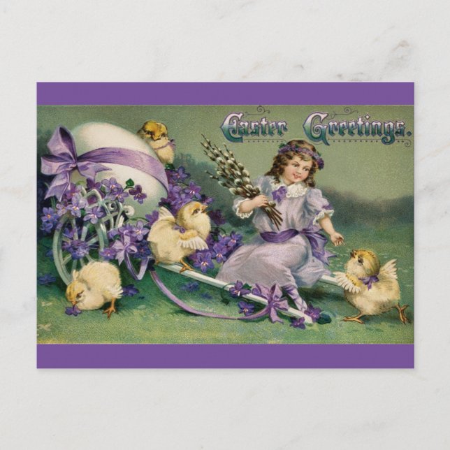 Vintage Purple Easter Greetings Postcard (Front)
