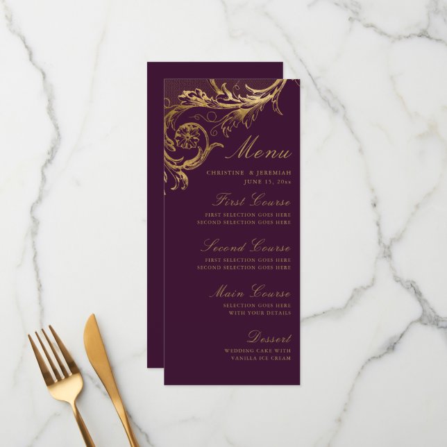 Vintage Purple Floral Damask Wedding Menu (Front/Back In Situ)