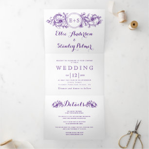 Vintage purple floral frame with initials wedding Tri-Fold invitation
