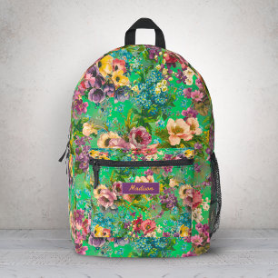 Vintage Purple Floral Green Monogram Pattern Printed Backpack
