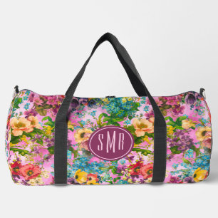 Vintage purple floral pink pattern monogram duffle bag