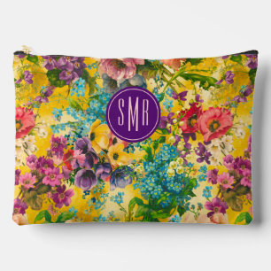 Vintage purple floral yellow pattern monogram accessory pouch