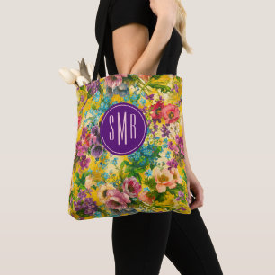 Vintage purple floral yellow pattern monogram tote bag