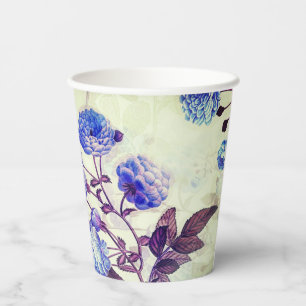 Vintage Purple Flower Print on Green Paper Cups