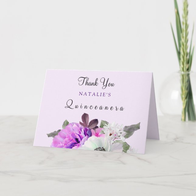 Vintage Purple Flower Quinceanera Thank You Card (Front)