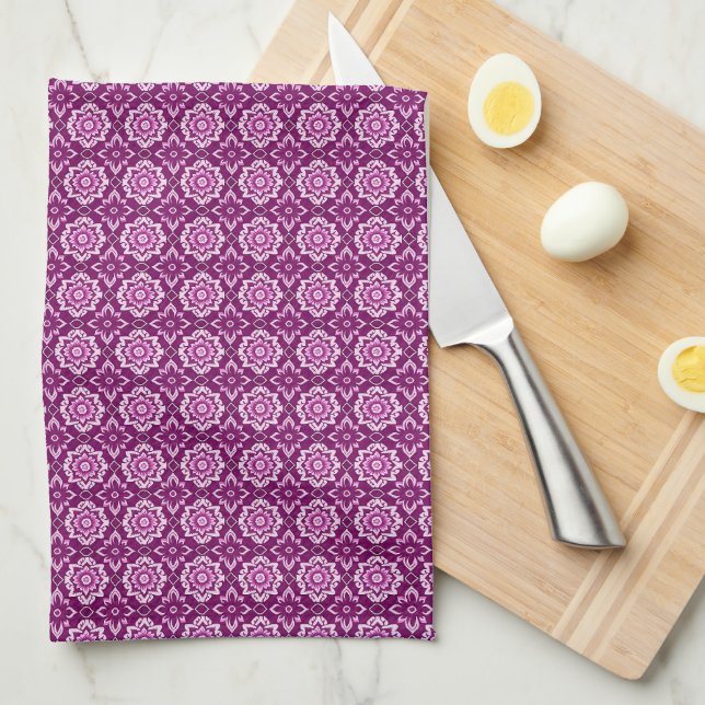 Vintage Purple Geometric Floral Pattern Tea Towel (Quarter Fold)