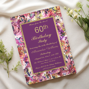 Vintage Purple Gold Coral Floral 60th Birthday Invitation