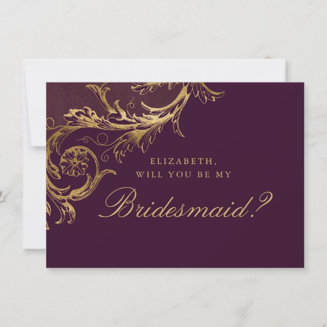 Vintage Purple Gold Damask Script Bridesmaid Invitation (Front)