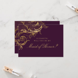 Vintage Purple Gold Floral Damask Maid of Honour Invitation